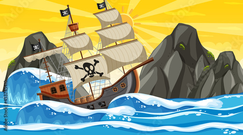Ocean with Pirate ship at sunset time scene in cartoon style