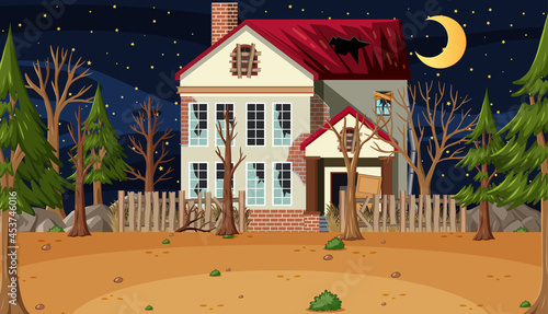 Scene with abandoned house in the dark forest