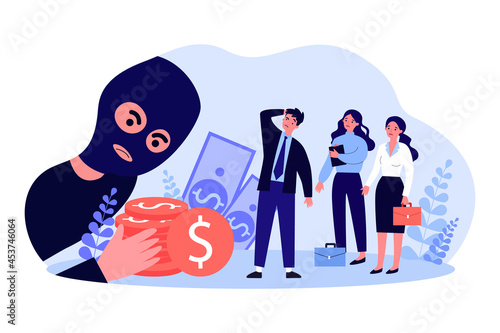 Cartoon business team facing fraud. Flat vector illustration. Tiny business people in disbelief from losing finances stolen by masked man. Deception, theft, loss, finance, business concept