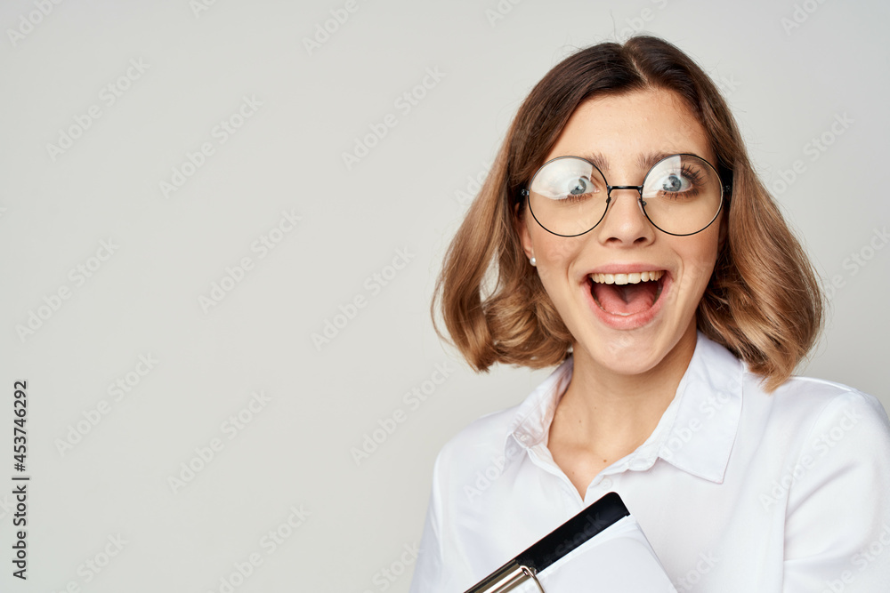 Business Woman In White Shirt Wearing Glasses Manager Studio Lifestyle Business Woman In White Shirt Wearing Glasses Manager Studio Lifestyle
