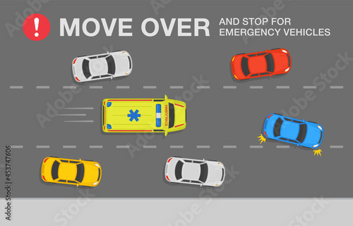 Traffic or road rules. Move over and stop for emergency vehicles. Police, fire truck or ambulance. Flat vector illustration infographic template.