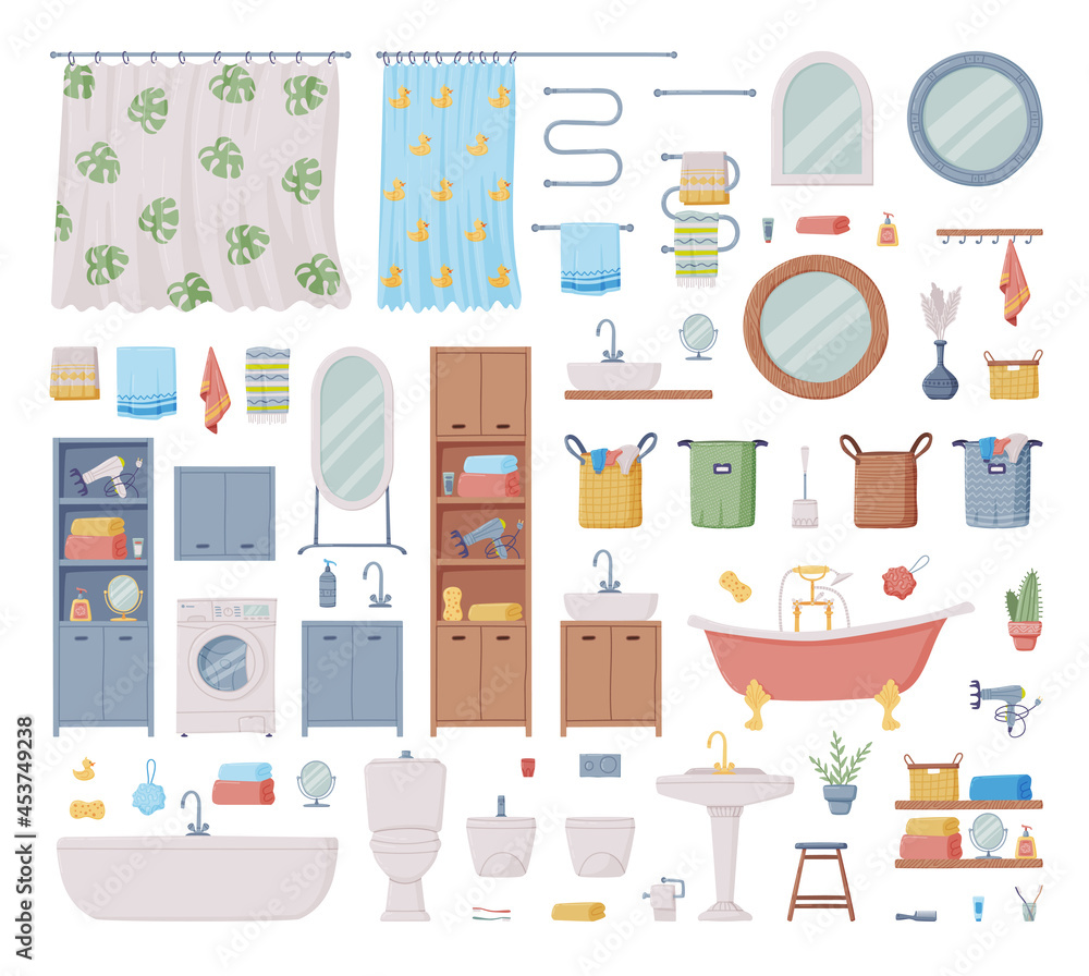 Bathroom or Washroom with Bathtub, Wash Basin and Mirror with Objects for Personal Hygiene Vector Set Bathroom or Washroom with Bathtub, Wash Basin and Mirror with Objects for Personal Hygiene Vector Set