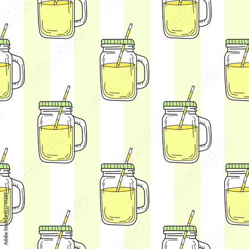 Seamless pattern with mason jar. Yellow summer lemonade. Endless pattern can be used for wallpapers, surface textures.