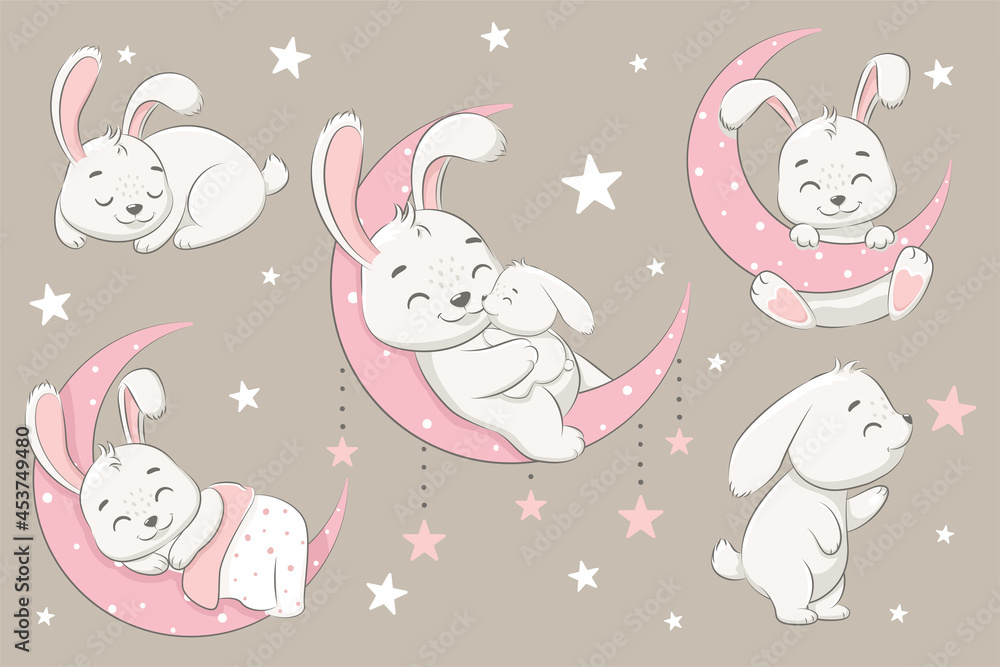 A collection of cute rabbits sleeping on the moon, dreaming and flying in a dream on the clouds. Vector illustration of a cartoon. A collection of cute rabbits sleeping on the moon, dreaming and flying in a dream on the clouds. Vector illustration of a cartoon.