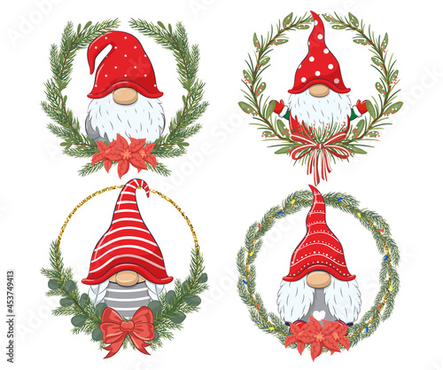 A set of cute dwarfs for the New Year and for Christmas. Vector illustration of a cartoon.