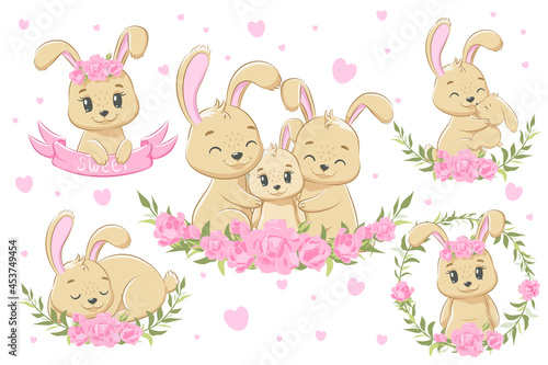 A collection of cute bunny family for girls. Vector illustration of a cartoon.