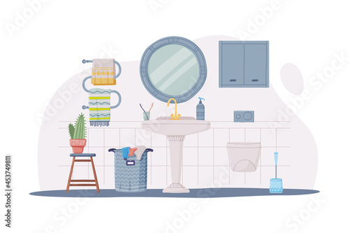 Bathroom or Washroom Interior with Sink, Mirror and Laundry Basket Vector Illustration