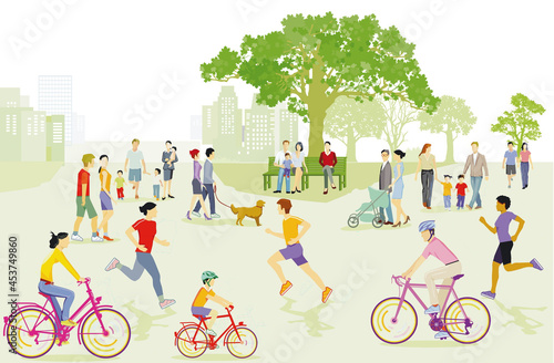 Sportliche Aktivitäten im Park, laufen und radfahren, Erholung mit Familie