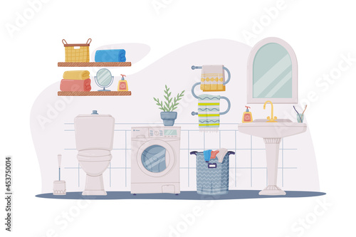 Bathroom or Washroom Interior with Sink, Washing Machine and Toilet Bowl Vector Illustration