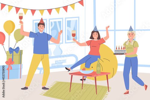Birthday party at home concept. Man and woman in festive hats have fun, congratulate on holiday, drink, give gifts and cake, friends spend time together. Vector illustration in trendy flat design