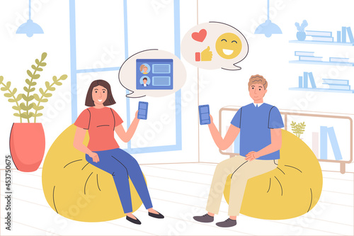 People browse social network concept. Man and woman chats, like photos, write comments, follow bloggers, read posts. Online communication, internet addiction. Vector illustration in trendy flat design