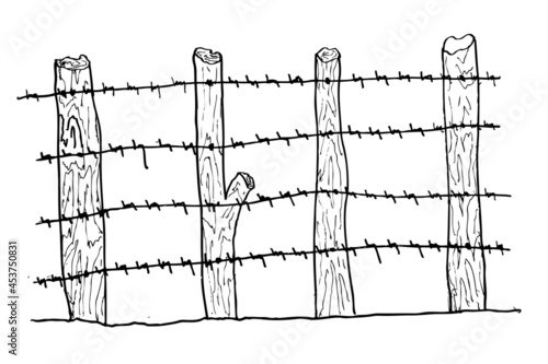 Simple Vector hand draw sketch of Barbed wire and tree gate