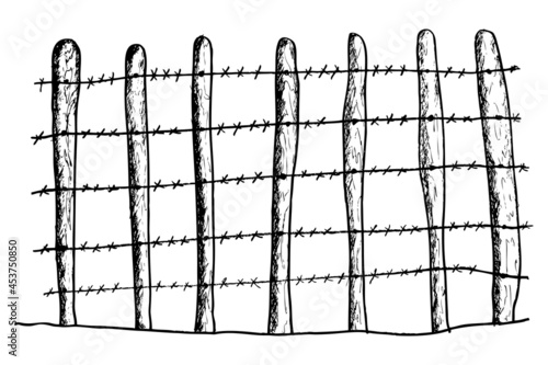 Simple Vector hand draw sketch of Barbed wire and tree gate