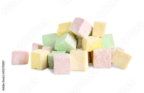 Tasty sweet marshmallows on white background