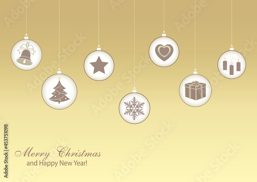 Merry Christmas 2022. Festive background with New Year symbols with elements of holiday decorations Christmas tree  bells  gift  star  snowflake  heart and candles  vector illustration.