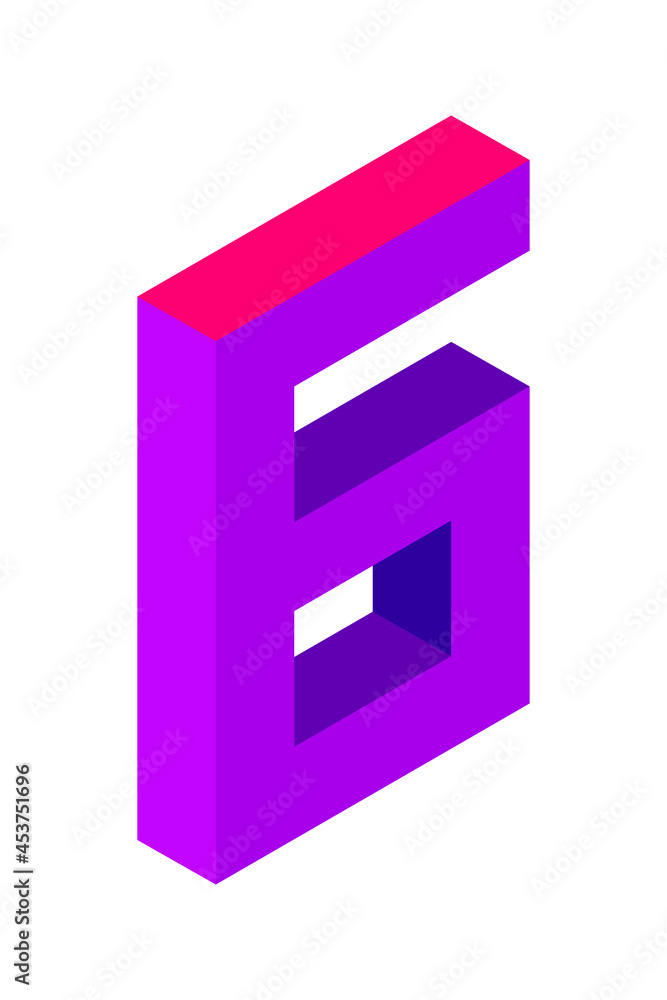 Purple number 6 in isometric style. Isolated on white background. Learning numbers, serial number, price, place. Purple number 6 in isometric style. Isolated on white background. Learning numbers, serial number, price, place.