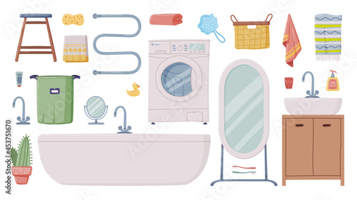 Bathroom or Washroom with Bathtub, Wash Basin and Mirror with Objects for Personal Hygiene Vector Set
