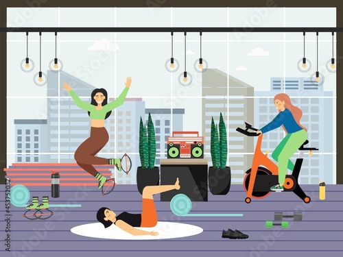 Fitness gym. Young women riding stationary bike, doing kangoo aerobic and pilates exercises, flat vector illustration.