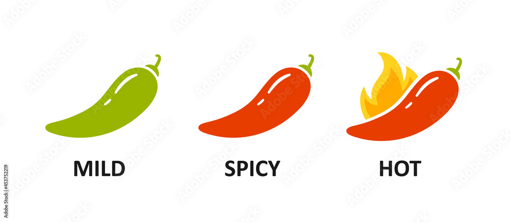 Spice level marks - mild, spicy and hot. Green and red chili pepper. Symbol of pepper with fire. Chili level icons set. Vector illustration isolated on white background. - obrazy, fototapety, plakaty 