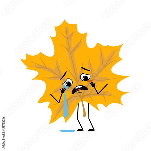 Maple leaf character with crying and tears emotion, sad face, depressive eyes, arms and legs. Forest plant in autumn yellow colour
