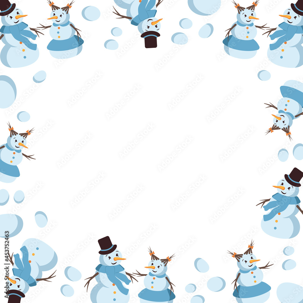 Winter frame with smiling snowmen and snowballs. Merry festive border, new year decorations. Winter and festive background with empty place for text Winter frame with smiling snowmen and snowballs. Merry festive border, new year decorations. Winter and festive background with empty place for text