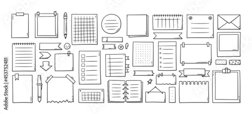Hand drawn memo paper sheets, sticky note, reminder, to do list, sticky tape and arrows. Bullet journal elements in doodle style. Vector illustration in white background.