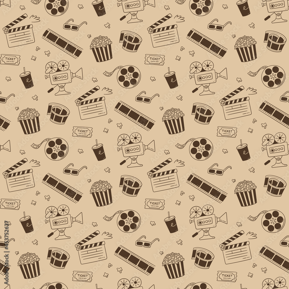 Hand drawn cinema seamless pattern with movie camera, clapper board, cinema reel and tape, popcorn in striped box, film ticket and 3d glasses. Vector illustration in doodle style on sepia background.