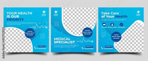 Medical and health care social media post template design. Set of Editable square banner with blue color background, medical ornament, and place for the photo.