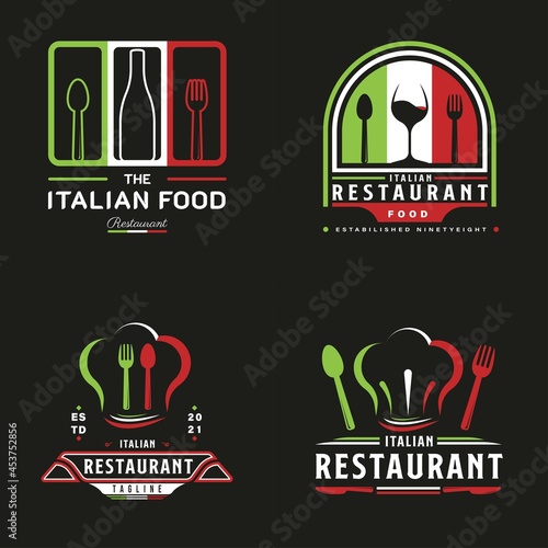 Italian Food Restaurant Logo. Italian flag symbol with Spoon, Fork, and Wine Bottle icons