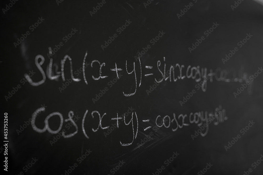 Fototapeta premium female teacher writing math formulas, cos and sin