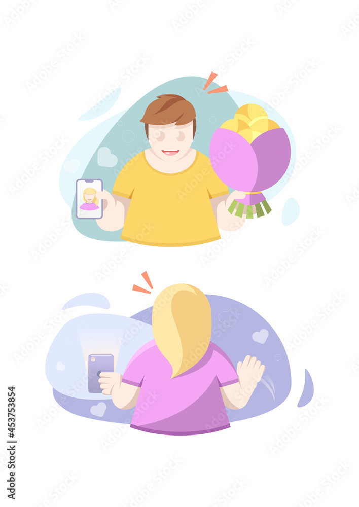 Fototapeta premium Vector illustration for online dating app users. Flat infographics of man and woman acquaintance in social network.