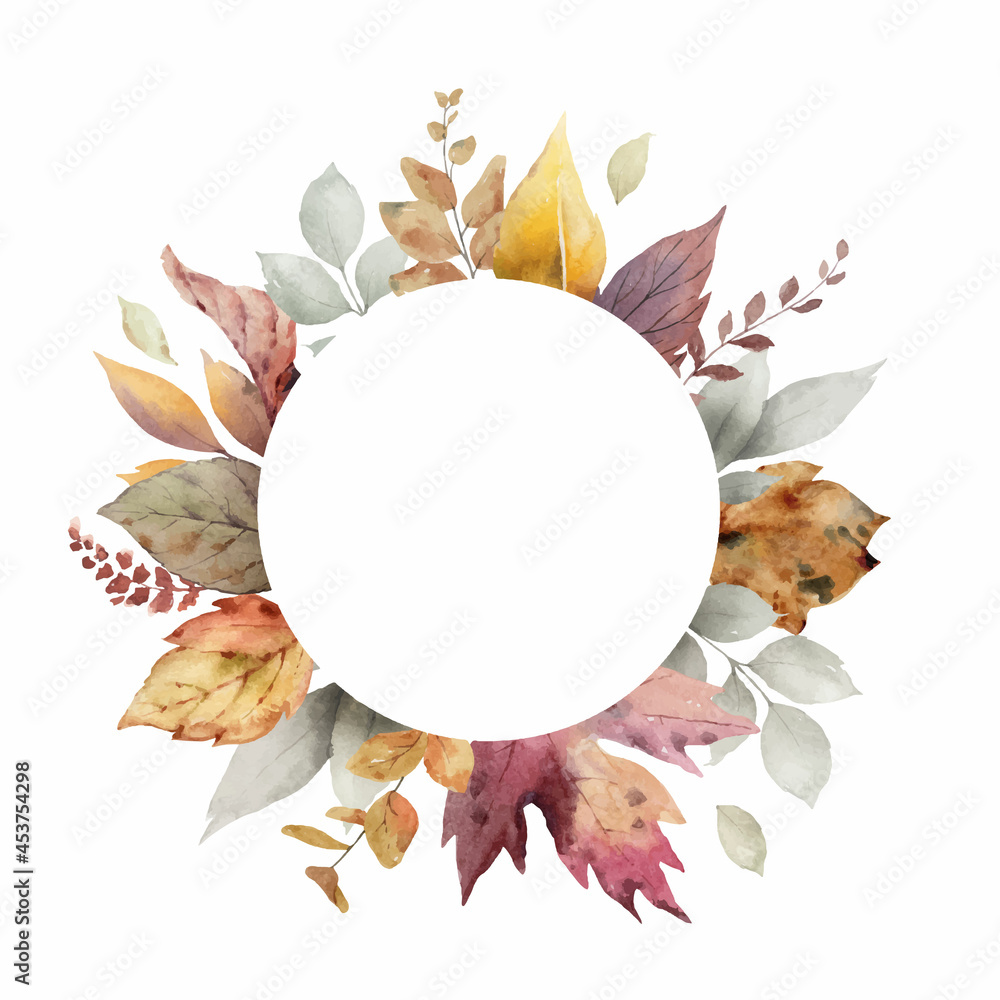 Watercolor vector autumn frame with leaves and branches. - obrazy, fototapety, plakaty 