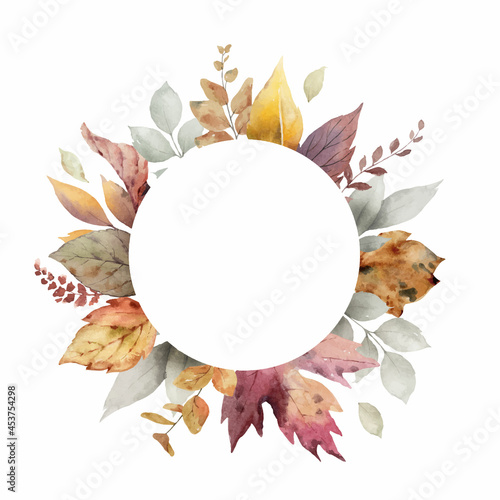 Watercolor vector autumn frame with leaves and branches.