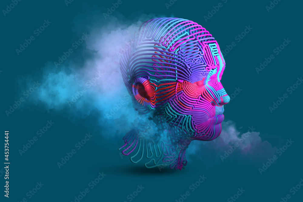 Artificial intelligence concept, human head made of colorful tubes. 3D render / rendering. Artificial intelligence concept, human head made of colorful tubes. 3D render / rendering.