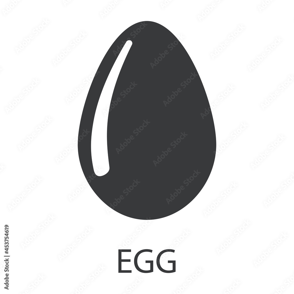 The egg icon. The silhouette of an egg with a signature. Delicious and healthy food that causes allergies. Vector illustration isolated on a white background.