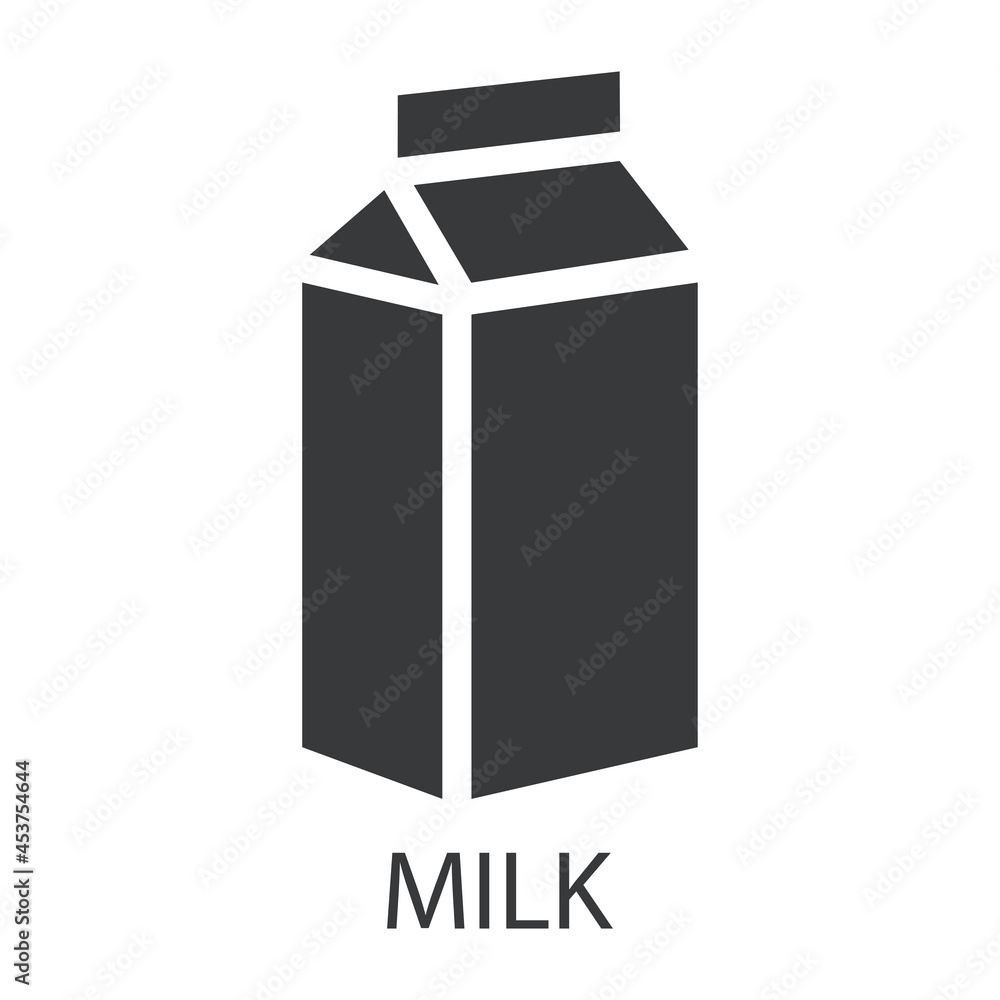 The milk icon. The silhouette of a cardboard box with milk and a signature. Delicious and healthy food that causes allergies. Vector illustration isolated on a white background. The milk icon. The silhouette of a cardboard box with milk and a signature. Delicious and healthy food that causes allergies. Vector illustration isolated on a white background.