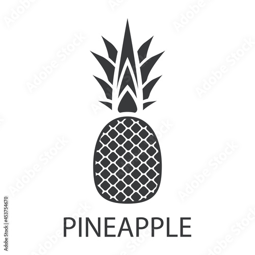 The pineapple icon. Silhouette of a tropical pineapple fruit with a signature. Delicious and healthy food that causes allergies. Vector illustration isolated on a white background.