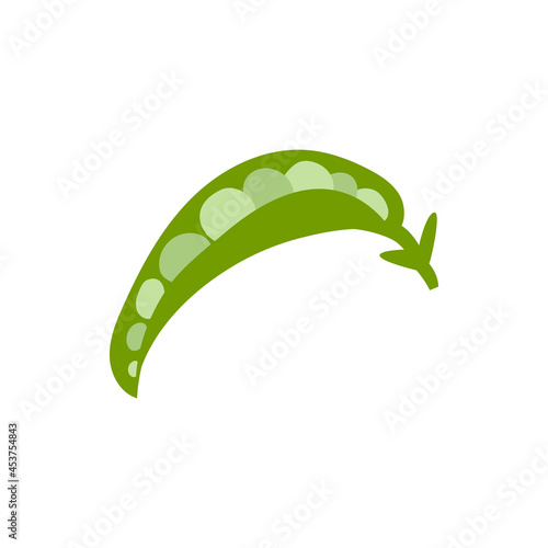 Cartoon opened green peas isolated. Vector stock illustration of opened green peas. Small seeds in a pod on a white background.