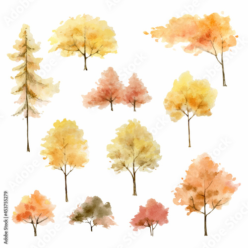 A set of watercolor vector autumn trees isolated on a white background.