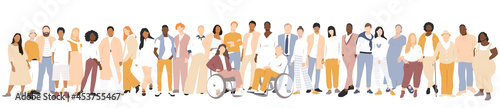 People of different ethnicities stand side by side together. Flat vector illustration. photo