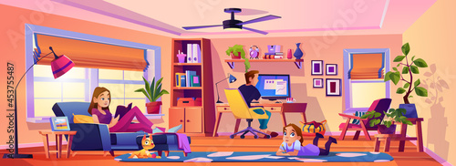 Workplace at home in living room, home interior and design of space for work. Family spending weekend in house. Mom reading on sofa, dad working on pc, kid draws. Flat style cartoon character, vector