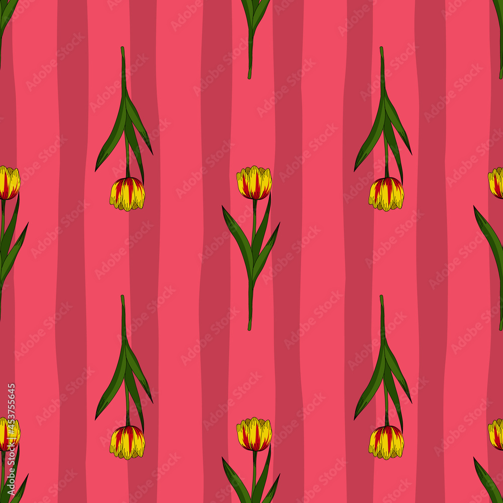 Vector repeat pattern with yellow tulips on red striped background