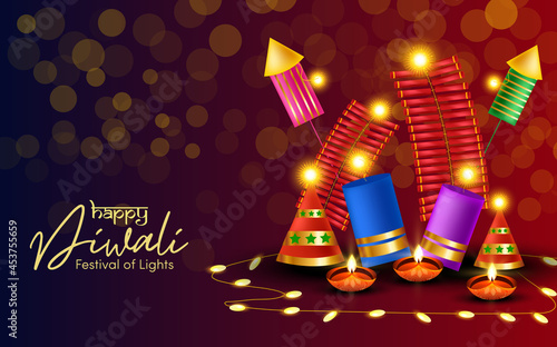 Festival crackers with oil lamps and lights for Happy Diwali