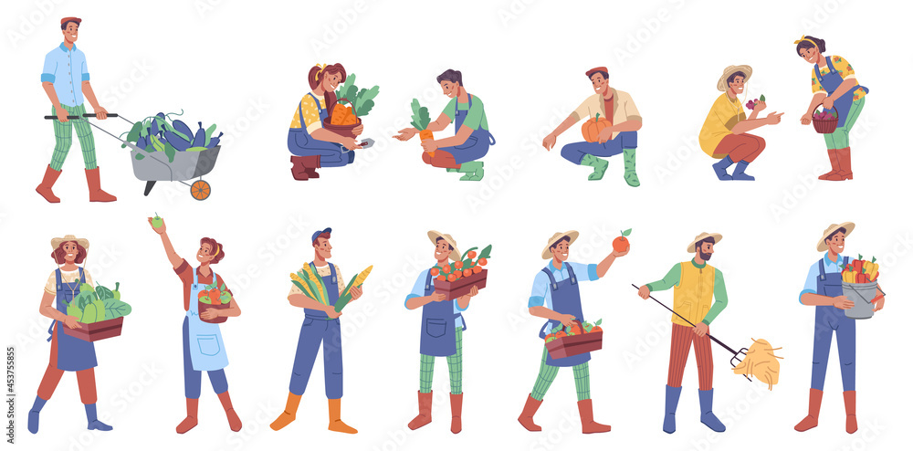 Man and woman farmers with harvest isolated flat cartoon characters. Vector people holding fruits and vegetables, local workers, nature and agriculture. Agronomist and gardener with organic products
