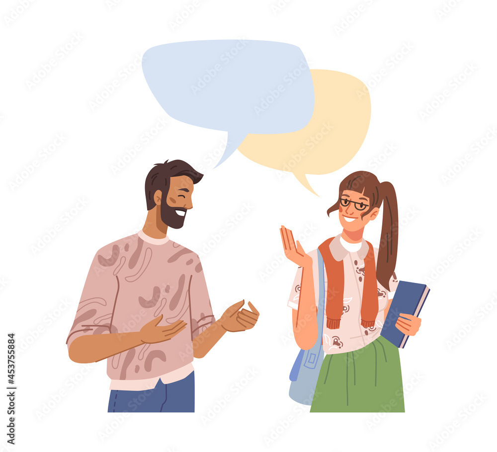 Happy people talking, speech bubbles over head, flat cartoon characters. Vector multi ethnic business partners man and woman talking, collaboration between couple, empty dialog boxes Happy people talking, speech bubbles over head, flat cartoon characters. Vector multi ethnic business partners man and woman talking, collaboration between couple, empty dialog boxes