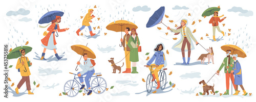 Rainy weather in autumn season, people under rain with umbrellas and raincoats. Man woman walking dog, person riding on bicycle, stroll, young parents, seniors. Cartoon character in flat style vector