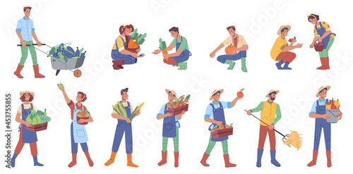 Man and woman farmers with harvest isolated flat cartoon characters. Vector people holding fruits and vegetables, local workers, nature and agriculture. Agronomist and gardener with organic products