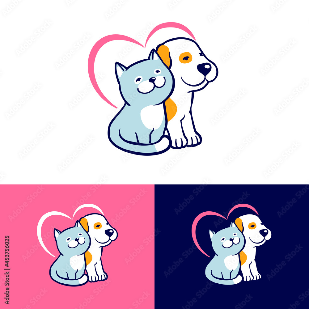 Dog and cat cartoon logo, pets siting with heart shape background. Love