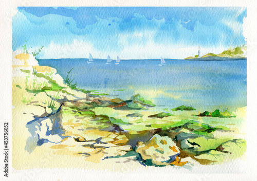 Beautiful watercolor seascape. Hand-drawn from nature. Plein-air sketch. The sea coast under a clear sky with light clouds. photo