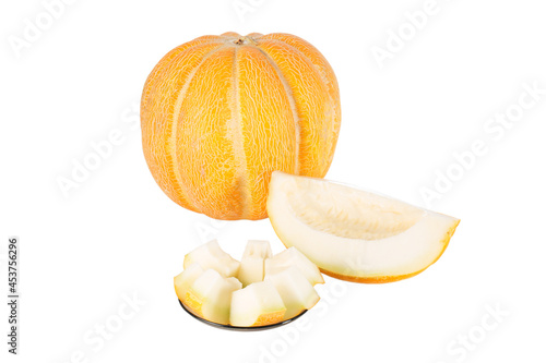 Melon, slices and chopped isolated on white background. Ripe vegetable